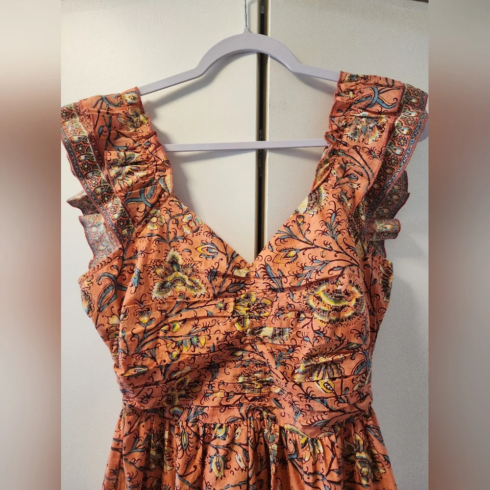 Scandi girl Dreamy Caroline Constas Coral Smocked Tier Maxi Nap Dress Small - Picture 2 of 6